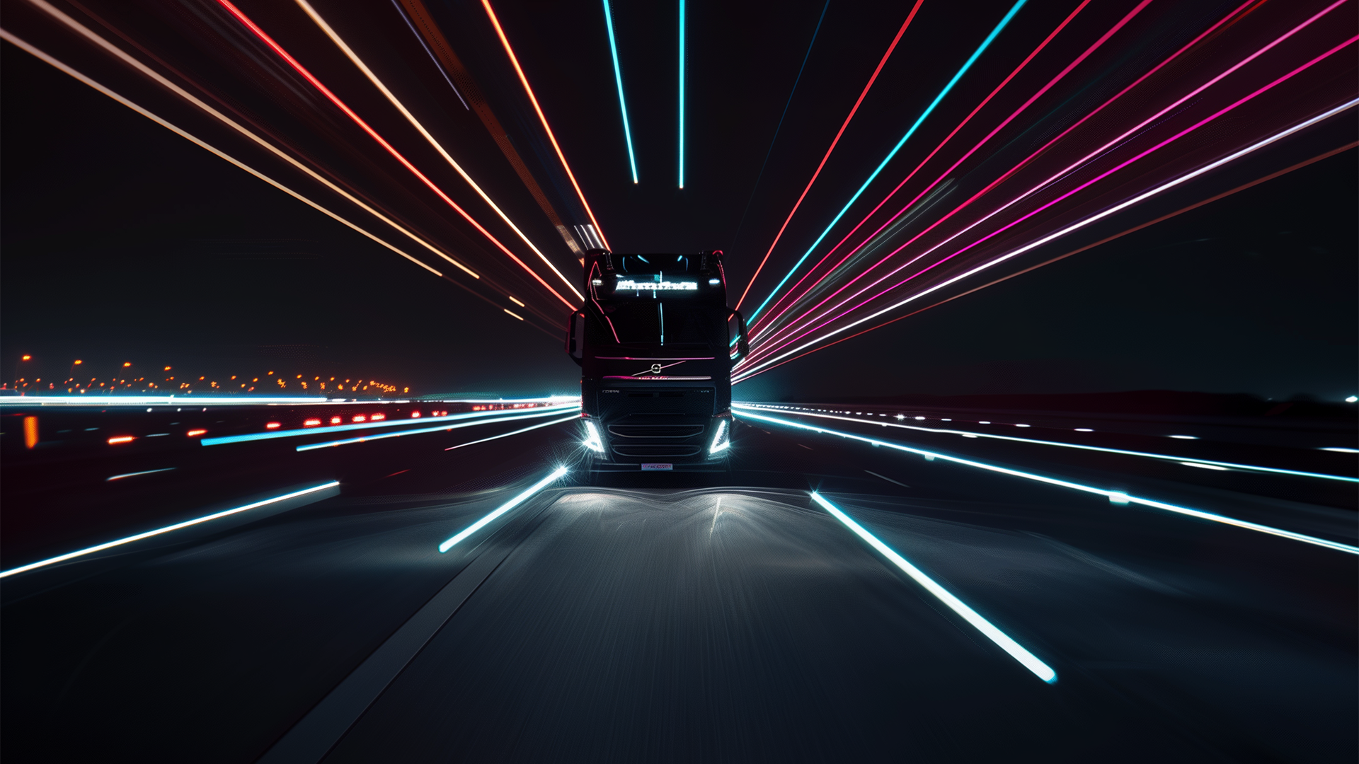 Original: O caminhão acelera e inicia o percurso. As luzes das faixas o acompanham no mesmo movimento. A câmera acompanha os movimentos do veículo enquanto as luzes guiam seu caminho.