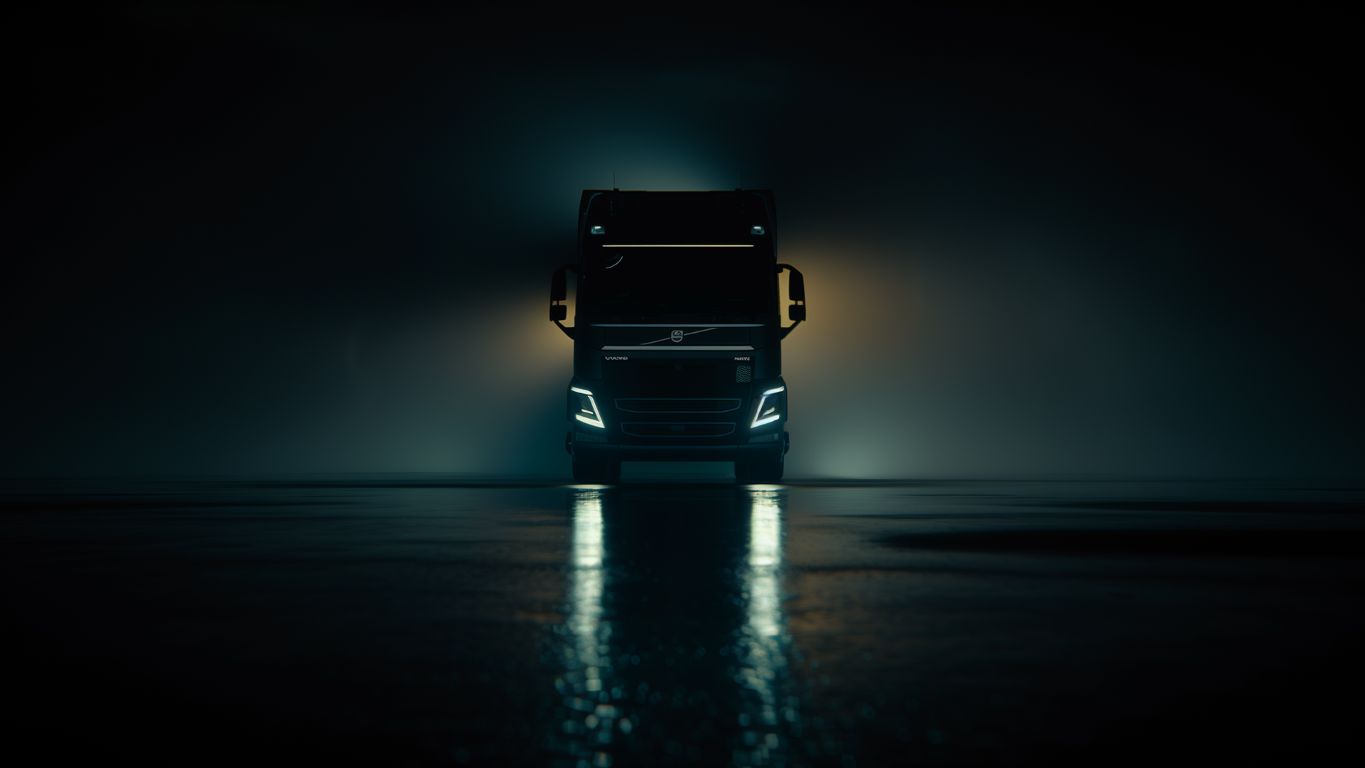 Original: Os faróis do caminhão se acendem e em seguida vemos bastões de LED de diferentes cores dando forma a uma pista de testes.